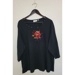 Quacker Factory Womens Size 2x Long Sleeve Flower Bling T-Shirt